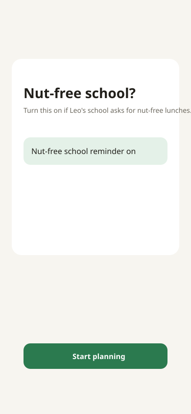Onboarding — nut-free school toggle