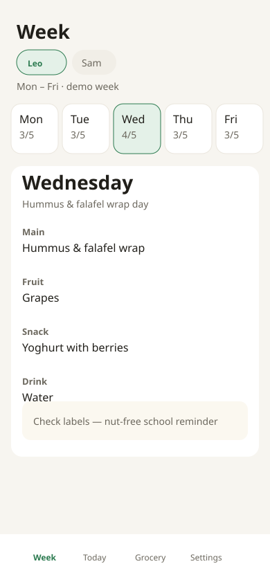 Week planner screen showing Mon–Fri lunch slots