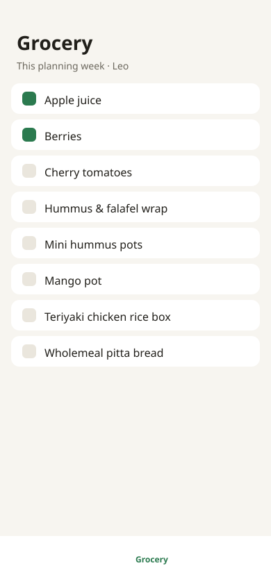 Grocery list for the planning week